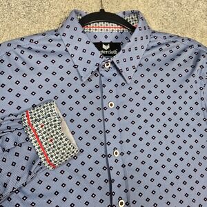 Butter Cloth Shirt Mens Medium Blue Diamond Print Long Sleeve flip cuff